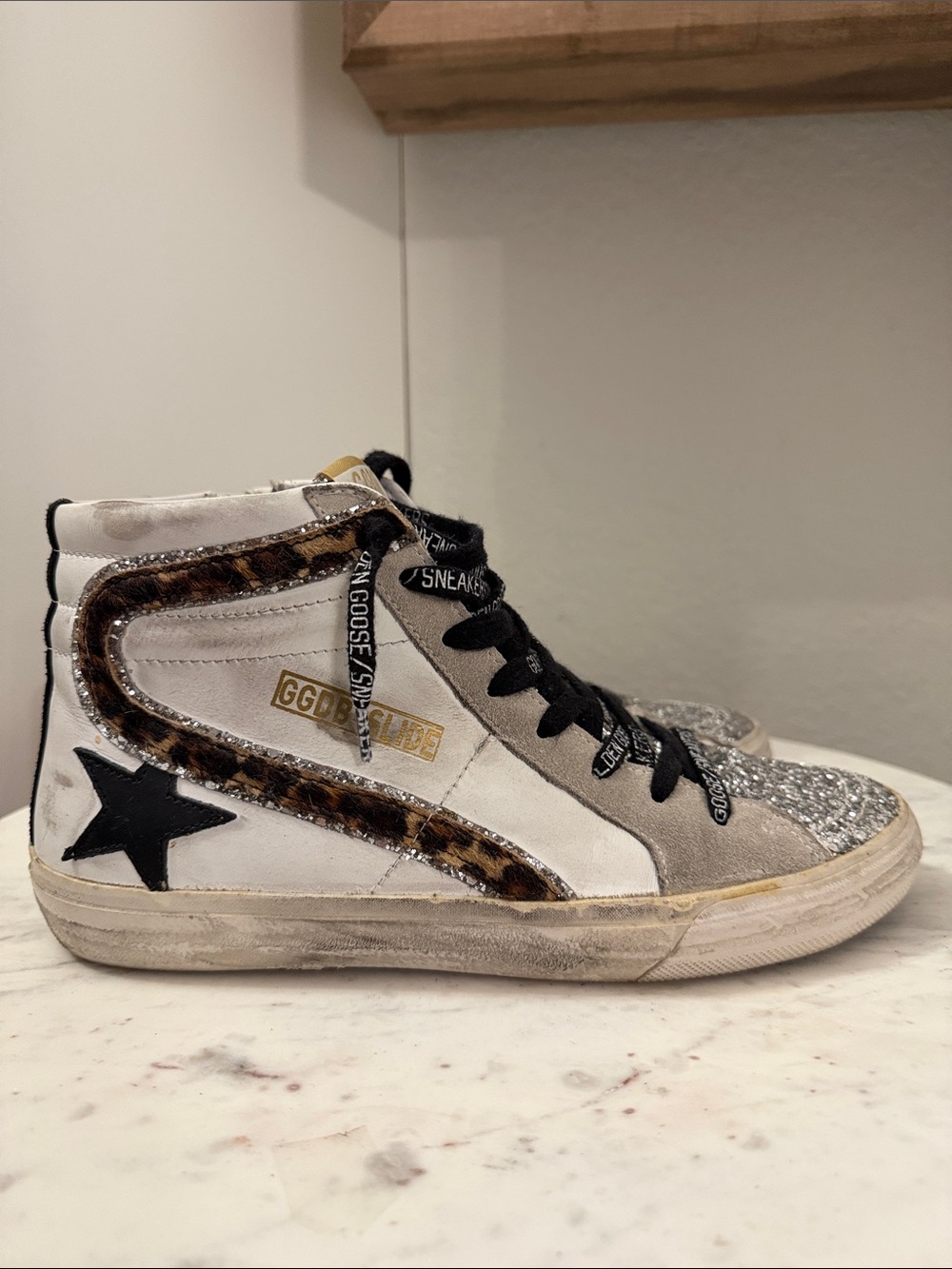 Golden Goose White, Silver & Leopard-Trim High-Top Sneakers